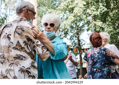 Kineshma, Russia - July, 2021: Active Happy Seniors, People Dancing In Central Park To The Sounds Of A Live Orchestra, Young At Heart, Active Old Age, Lifestyle Concept. 