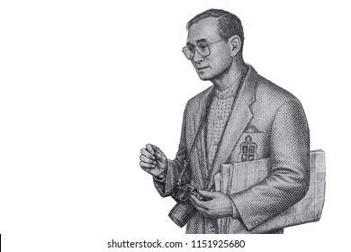 King Bhumibol Adulyadej. Portrait From Thailand Banknotes.  