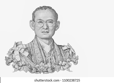 King Bhumibol Adulyadej (Rama IX). Portrait From Thailand Banknotes.