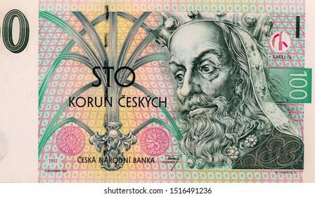 King Of Bohemia And The First King Of Bohemia. Portrait From Czech Republic 100 Korun 1997 Banknotes. 