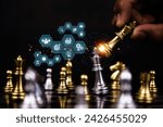 King chess with leadership strategy icons for wining challenge on falling chess concept of team player or business teamwork and or strategic planning and human resources organization risk management.