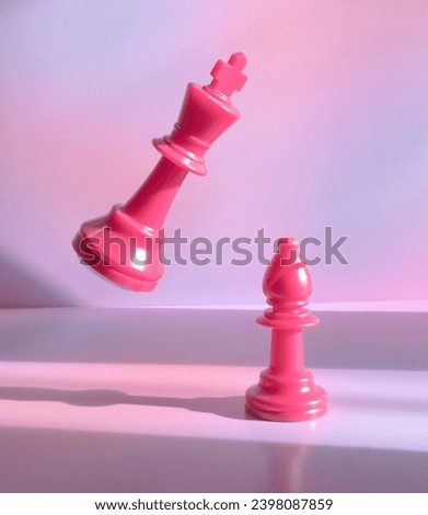 A King Chess Piece Floating Over Bishop Chess Piece in Board Game strategy Scene on a Pink and Purple Pastel Background