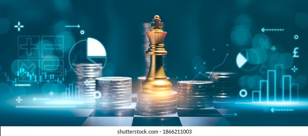 King Chess Pieces On Coins Stack With Chart Graphic Background. Panoramic Banner Of Success Business Strategy Concept With Copy Space