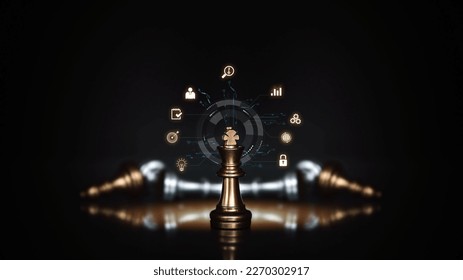 King chess pieces on falling chess with graphic icons concepts of leadership or wining to challenge or battle fighting of business team player and strategy and risk management or human resource.