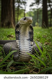 King cobra snake in sharp focus against green nature background