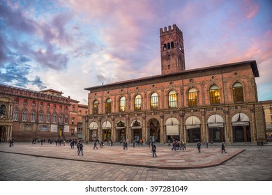King Enzo palace at the main square of Bologna, Italy. Famous landmark at sunset in the evening