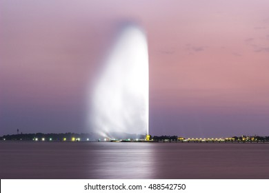 King Fahd's Fountain In Jeddah Jets Water In The Air With Night Illumination. The Biggest Fountain In The World. Jeddah. Saudi Arabia, Red Sea