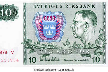 King Gustaf VI Adolf Of Sweden (1882-1973) Portrait From 10 Kronor 1980 Banknotes. 