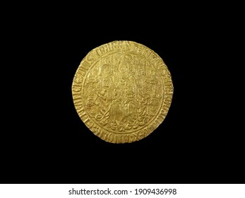 King Henry VII Gold Sovereign Coin first issued in 1489 having a  value of  twenty shillings cut out and isolated on a black background, stock photo image