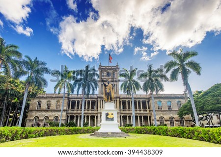 King Kamehameha Statue across from Iolani Palace in historic downtown Honolulu
