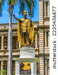 King Kamehameha I Statue State Supreme Court Building Honolulu Oahu Hawaii King founded Kingdom of Hawaii uniting Hawaiin islands Dedicated in 1883 by Thomas Gould Front of Aliiolani Hale building