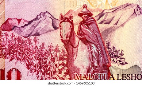 King Moshoeshoe II Face Portrait On 10 Lesotho Maloti Banknote. Paramount Chief Of Lesotho Under British Occupation During 1960-1966 And After Gaining Independence, King From 1966 To 1996.