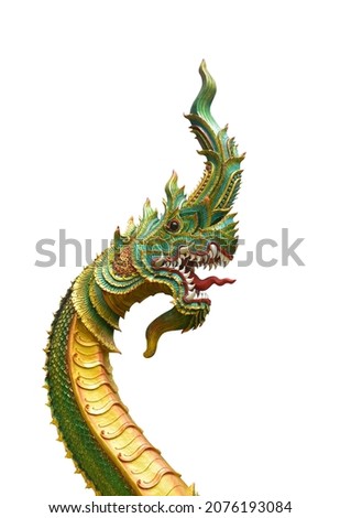 King of naga, Thai dragon or serpent king statue in Thai temple isolated on white background, clipping path