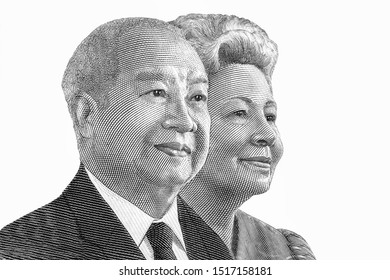 King Norodom Sihanouk And Queen Mother Norodom Monineath At Center, Portrait From Cambodia 100000 Riels 2012 Banknotes. 