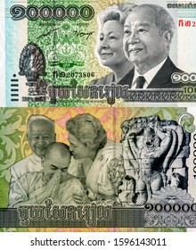 King Norodom Sihanouk And Queen Mother Norodom Monineath At Center, Portrait From Cambodia 100000 Riels 2012 Banknotes. 