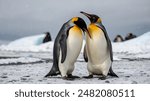 King penguin mating couple cuddling in wild nature, snow and ice. Pair two penguins making love. Wildlife scene from white nature. Bird behavior, wildlife scene from nature, South Georgia, Antarctica.