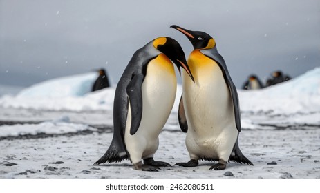 King penguin mating couple cuddling in wild nature, snow and ice. Pair two penguins making love. Wildlife scene from white nature. Bird behavior, wildlife scene from nature, South Georgia, Antarctica.