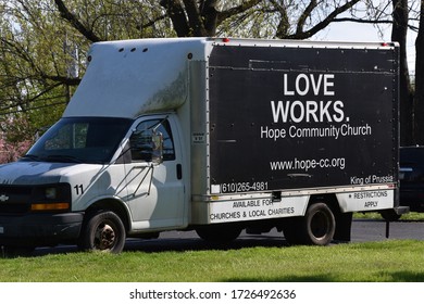 King Of Prussia, PA/USA-May 1, 2020:  Church Owned Truck Van With Signage Message 