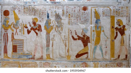 King Seti Before Osiris And Isis At Abydos Temple In Middle Egypt. Travel Concept.