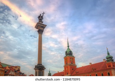 King Sigismunds Column In Warsaw City At Sunset, Poland