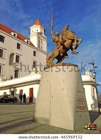 King Svatopluk statue in the front of Bratislava Castle in Slovakia
