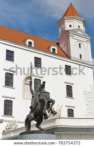 King Svatopluk statue in front of medieval castle in Bratislava, Slovakia.