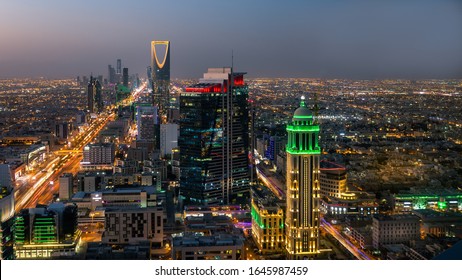 Kingdom Of Saudi Arabia Landscape At Night - Riyadh Tower Kingdom Center - Kingdom Tower - Riyadh Skyline - Riyadh At Night