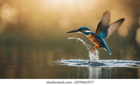Kingfisher flies over a lake of water and the water moves in a yellowish background