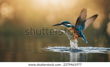 Kingfisher flies over a lake of water and the water moves in a yellowish background