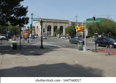 Kings County Savings Bank, Now Popular Bank Build 1930 At Busy Intersection Of Eastern Parkway And Nostrand Ave In Crown Heights Brooklyn With People And Vehicles Out And About In NY June 9 2019