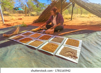 Kings Creek, Northern Territory, Australia - Aug 21,2019: Australian Aboriginal Woman Showing The Traditional Bush Seeds Used For Food And Agriculture. Karrke Aboriginal Cultural Experience Tour