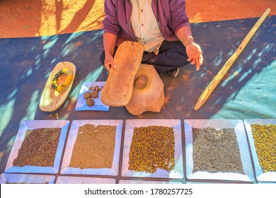 Kings Creek Station, Northern Territory, Australia - Aug 21, 2019: Close Up Australian Aborigines Bush Seeds During Karrke Aboriginal Cultural Experience Tour Near Kings Canyon On Luritja Highway