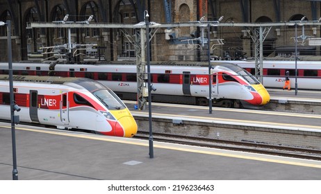 King's Cross, London  UK - 08 25 2022: British Rail Class 8012 Azuma Inter-city Trains In LNER Livery At King’s Cross Station. 