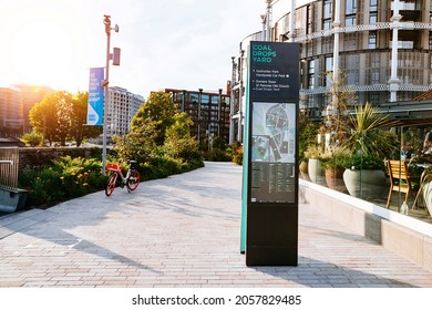 King's Cross London, UK, July 12, 2019: Granary Square wayfinding, Coal Drops Yard new shopping district in the heart of King's Cross 