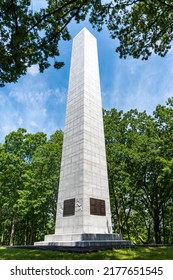 Kings Mountain Monument At American Revolutionary War Battlefield In South Carolina. White Marble Obelisk, Dedicated To Patriot Victory. Along Battlefield Trail.