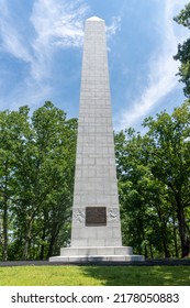 Kings Mountain Monument At American Revolutionary War Battlefield In South Carolina. White Marble Obelisk, Dedicated To Patriot Victory. Along Battlefield Trail.