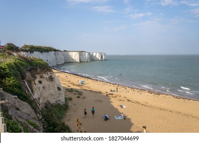 Kingsgate Bay / UK - 21 September 2020: sandy beach on a sunny day in east Kent, Thanet