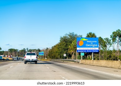 Kingsland, USA - February 2, 2021: Welcome To Georgia State Border Line Sign By Governor Brian Kemp On Interstate Highway Road 95 In Camden County