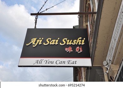 Kingston, Canada - May 29, 2017: Signage Of Aji Sai Sushi Hanging In Front Of The Restaurant.