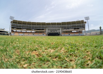 Kingston, Jamaica - May 23, 2022: Sabina Park Cricket Ground. Low Angle From The Center Of The Pitch. International Cricket Venue. Empty Cricket Stadium. West Indies Cricket.