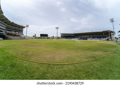 Kingston, Jamaica - May 23, 2022: Sabina Park Cricket Stadium. Fisheye View Of The Field And Pitch From The Boundary. West Indies Cricket Venue.