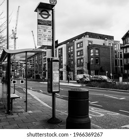 Kingston London UK, March 25 2021, Public Bus Stop And Shelter With No People During Coronavirus Covid-19 Lockdown