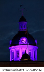 Kingston Ontario City Hall Lit Up With Purple Lights.   Nighttime 