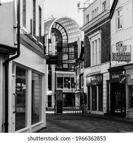 Kingston Upon Thames, London UK, April 7 2021, Empty Street And Closed Shops By Bentalls Centre During Coronavirus Covid-19 Lockdown With No People