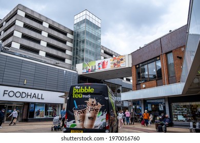 Kingston Upon Thames London UK, May 07 2021, Marks And Spencer FoodHall And Pop Up Cafe In A Shopping Square With People And Shoppers