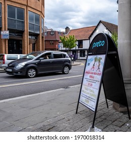 Kingston Upon Thames London UK, May 07 2021, Car Passing A Preto Brazilian High Street Restaurant With No People