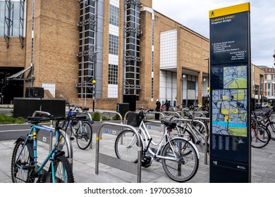 Kingston Upon Thames London UK, May 07 2021, A Row Of Parked Environmentally Friendly Bicycles In A Town Centre Bike Park With No People