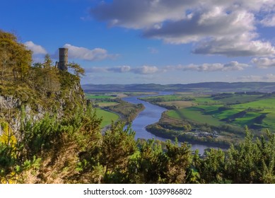 Kinnoull Hill tower ruins, Perth Scotland overlooking the River Tay on a clear sunny day