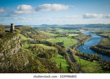 Kinnoull Hill tower ruins, Perth Scotland,  overlooking the River Tay on a clear day