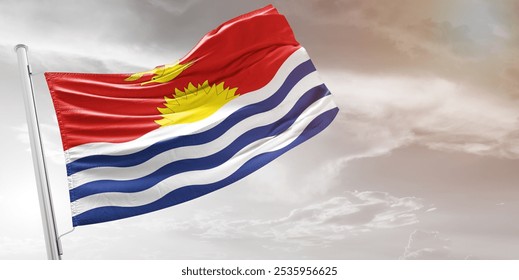 Kiribati national flag cloth fabric waving on beautiful light grey Background. - Powered by Shutterstock